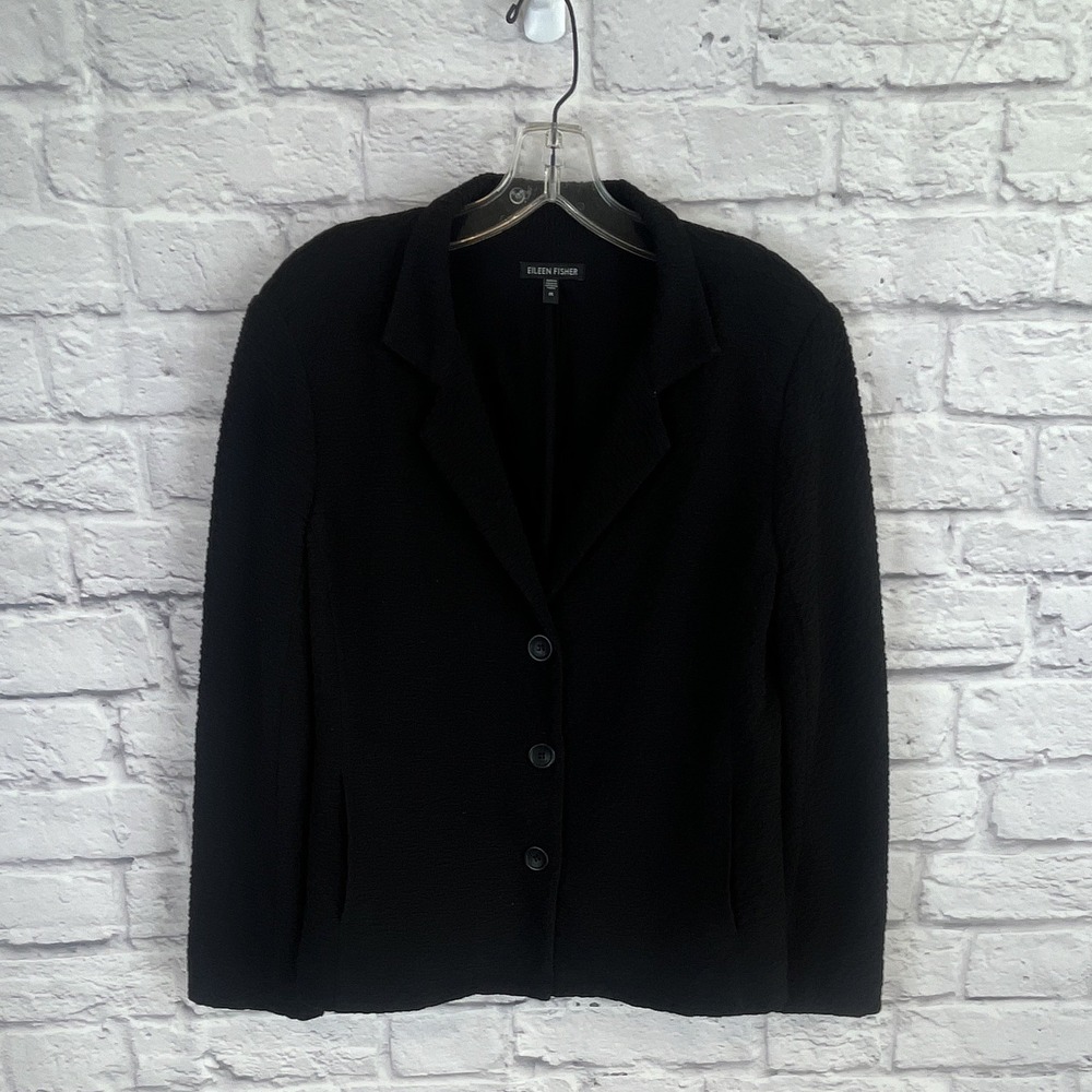 Eileen Fisher Black Textured Quiet Luxury Stretch Blazer Size M Minimalist